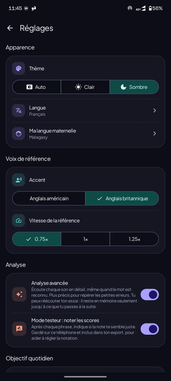 Settings, dark theme