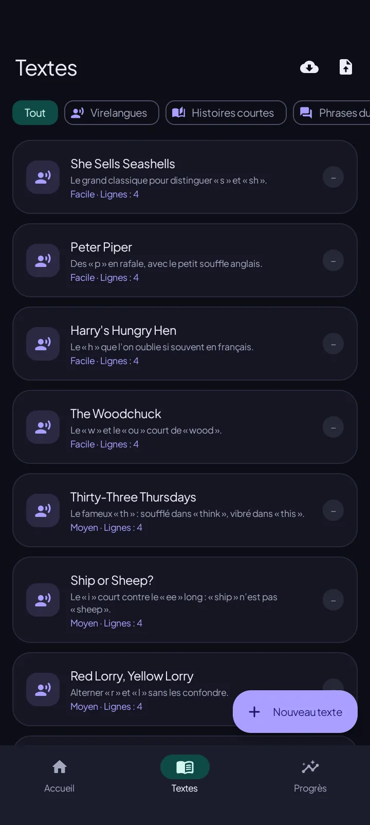 Library of texts, dark theme